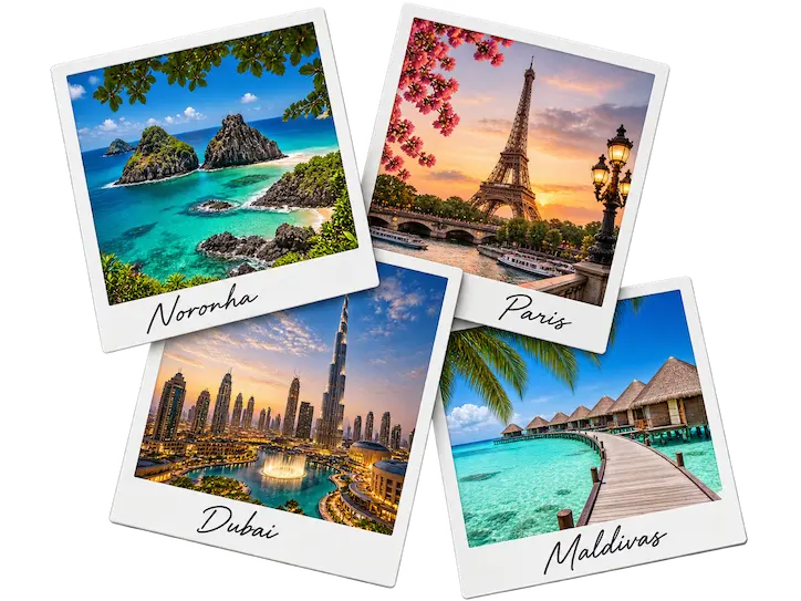 Colagem de destinos: Fernando de Noronha, Paris, Dubai e Maldivas